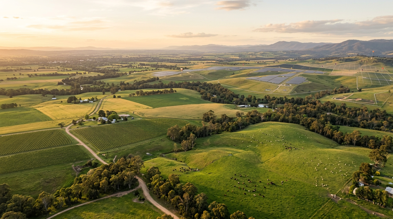 Overview of productive farmland and the proposed Nioka Solar Project area in North East Victoria.